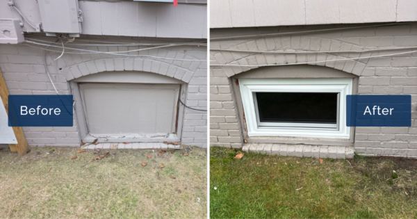 A basement opening sealed with a weathered painted panel beneath an arched brick header is shown beside the same opening fitted with a bright new white window. This side-by-side captures a basement window installation in Winthrop.