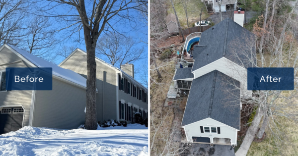 Side by side, a snow-loaded winter roof on a Beverly colonial gives way to a drone view of new charcoal GAF Timberline HD-Z shingles. Coastal Windows & Exteriors, a roofing contractor in Beverly MA, handled the ice dam emergency and full re-roof.