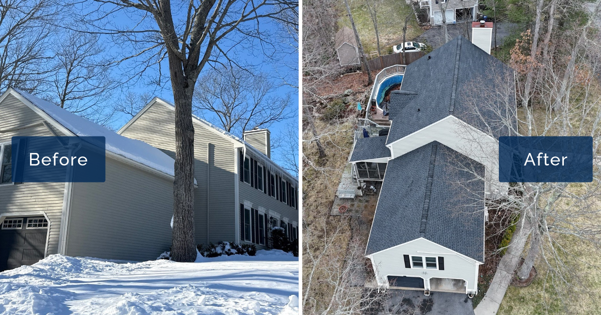 Side by side, a snow-loaded winter roof on a Beverly colonial gives way to a drone view of new charcoal GAF Timberline HD-Z shingles. Coastal Windows & Exteriors, a roofing contractor in Beverly MA, handled the ice dam emergency and full re-roof.
