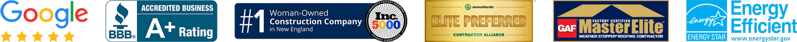 Coastal Windows & Exteriors credentials: Google 5-star reviews, BBB A+ Accredited Business, #1 Woman-Owned Construction Company in New England, Inc. 5000, James Hardie Elite Preferred Contractor, GAF Master Elite roofing contractor, ENERGY STAR Energy Efficient.